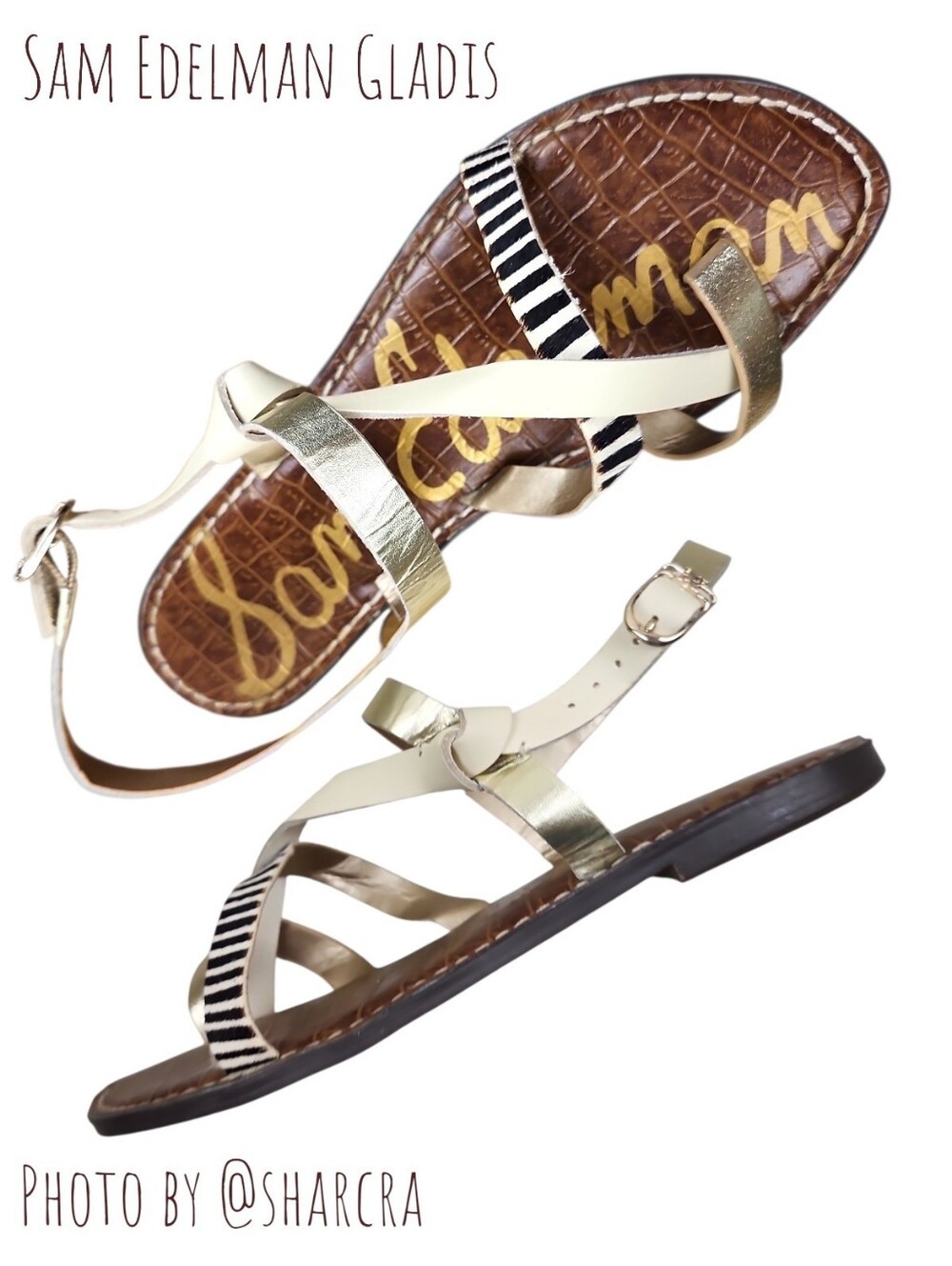 Sam Edelman Gladis Leather Zebra Gold Sandals Women's Size 8